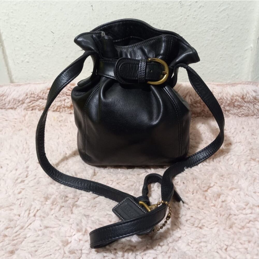 COACH 4156 Black Leather Drawstring Shoulder Bag Belted Pouch from Japan - Picture 1 of 7